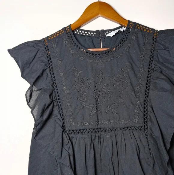 &Other Stories Embroidered Ruffle Mini Dress Black Size 4 Cotton - Picture 3 of 10